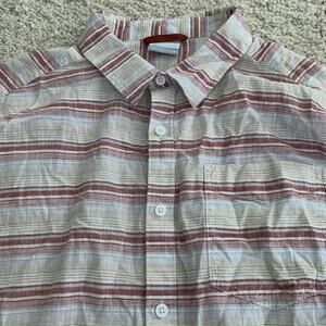 Columbia Shirt Mens XL Khaki Red Madras Striped Button Up Cotton India Light